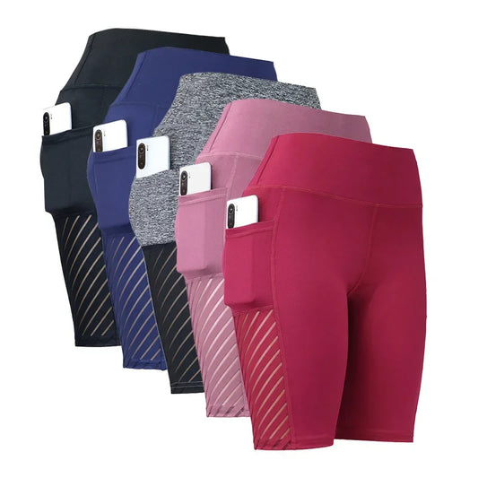 Women Mesh Shorts with Pocket Seamless Slim Leggings Gym Workout Sports Shorts Stretchy High Waist Butt Lifting Yoga Leggings