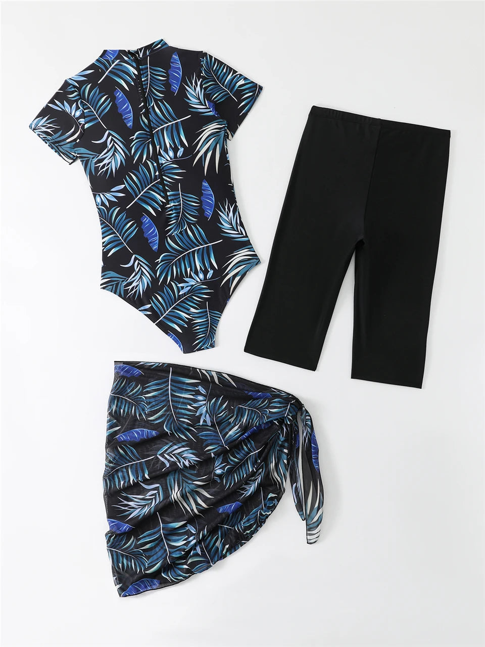 Summer Three Pieces Print Bodysuit Swimwear With Short Pants & Cover Up Beach Skirt Female Bathing Suits Pool Swimming Swimwear