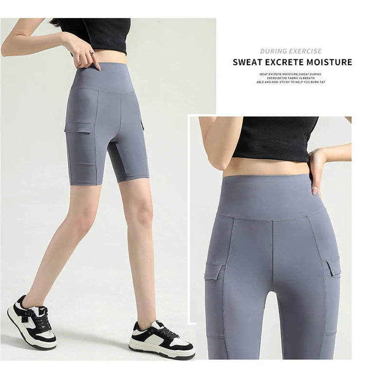 BIVIGAOS Summer New Cargo Pocket Shark Shorts Women's Sport Fitness Cycling Shorts High Waist Running Tight Biker Short Leggings