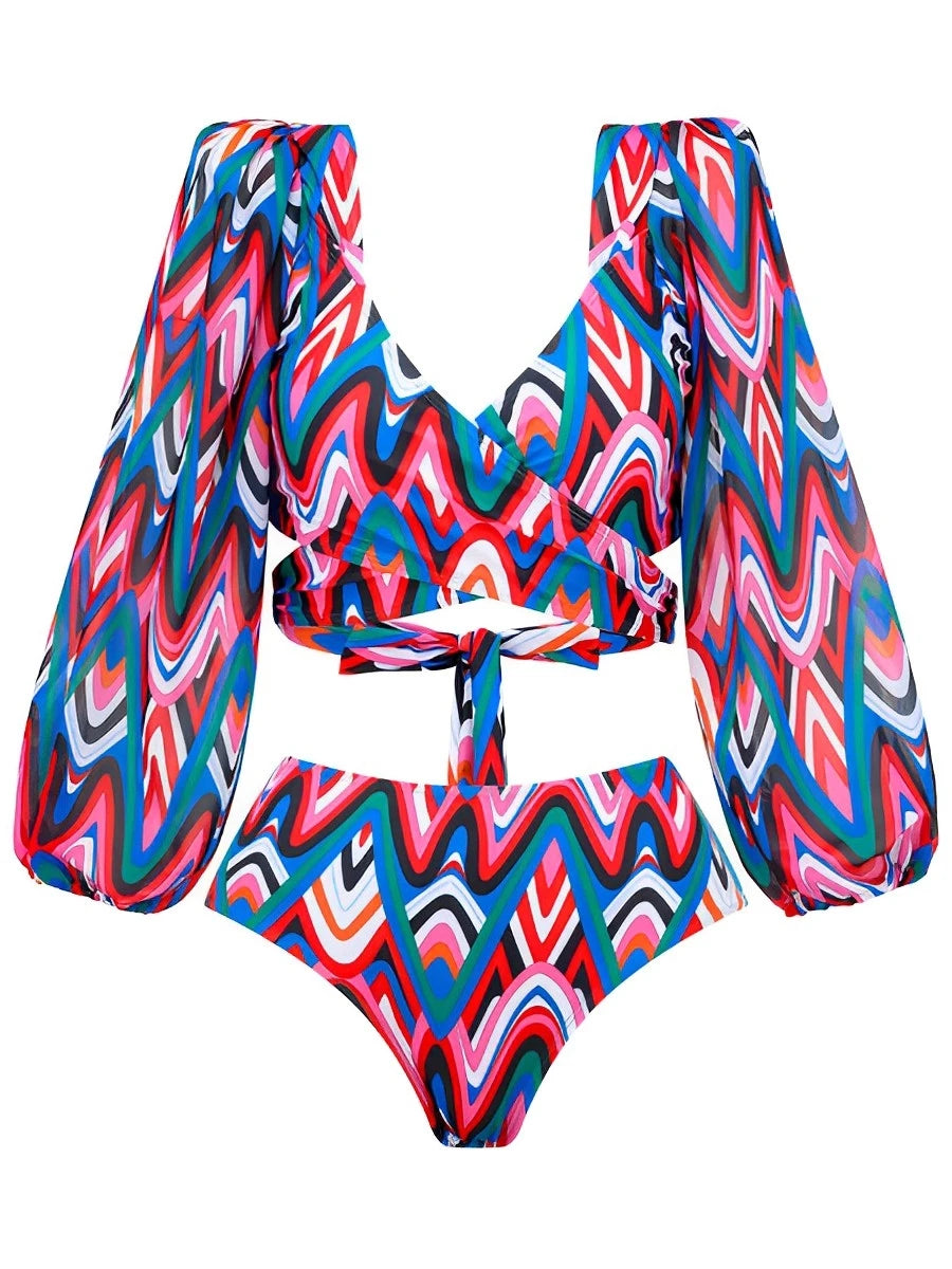 Cross Long Sleeve 2 Piece Bikini Women Swimsuit Female Padded Swimwear Bathers Bathing Swimming Swim Suit Summer Beachwear