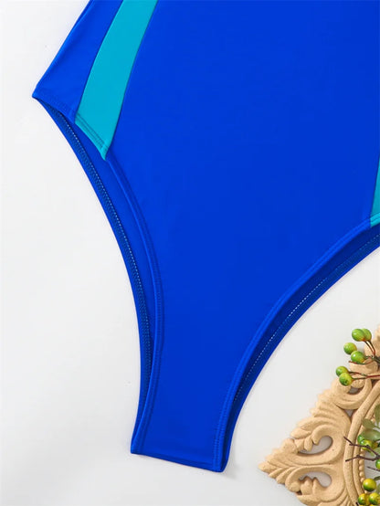 Patchwork Short Sleeve One Piece Swimsuit Swimwear for Women Hollow Out Bathing Suit Backless Monokini
