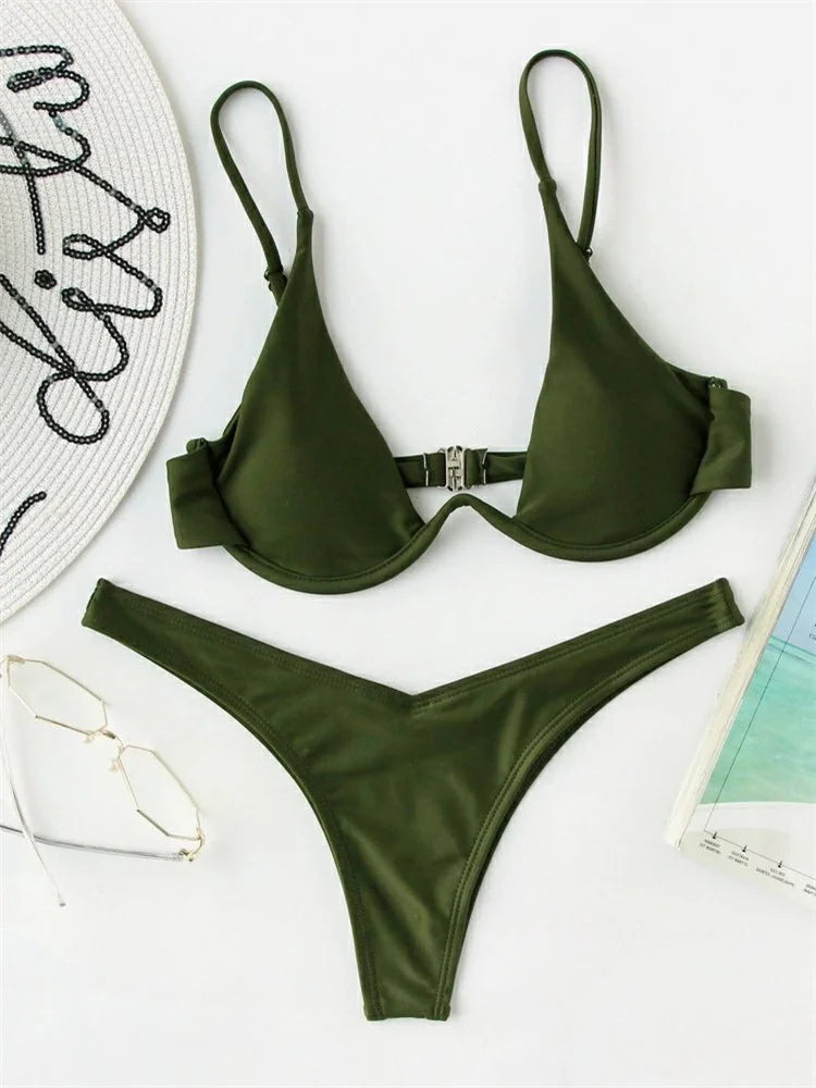 Bikini Women Solid Red Push Up Bra Thong Swimsuit Haler V Neck Bathing Suit Mini Micro Thong Swimwear