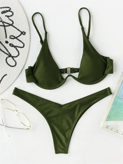 Bikini Women Solid Red Push Up Bra Thong Swimsuit Haler V Neck Bathing Suit Mini Micro Thong Swimwear