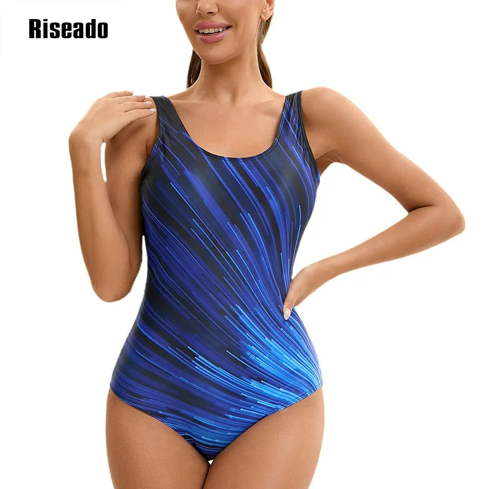 One Piece Swimsuit Women U Back Color Block Print Bathing Suits Athletic Modest Swimwear