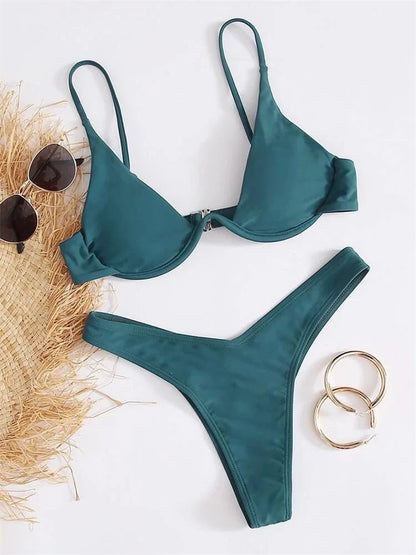 Bikini Women Solid Red Push Up Bra Thong Swimsuit Haler V Neck Bathing Suit Mini Micro Thong Swimwear