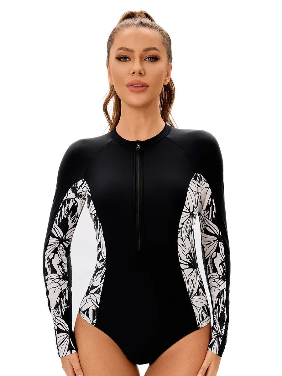 Long Sleeve Sports Print Swimwear Women's Round Neck Zipper Conservative Sunscreen One Piece Swimsuit Surfing Suit Summer