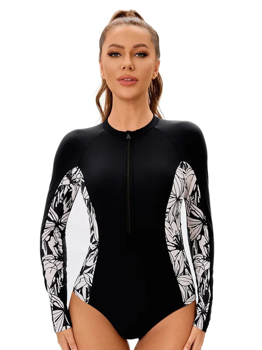 Long Sleeve Sports Print Swimwear Women's Round Neck Zipper Conservative Sunscreen One Piece Swimsuit Surfing Suit Summer