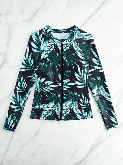 Long Sleeve Zipper Surfing Swimsuit Print Shorts Swimwear Women Two Pieces Diving Clothes Beachwear Bathing Swimming Suit