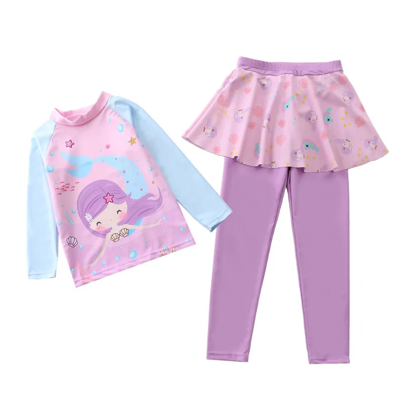 Unicorn Mermaid Kids Swimwear for Girls Long Sleeve Rash guard Pants Leggings Modest Children's Swimsuit Bathing Suit Beach Wear