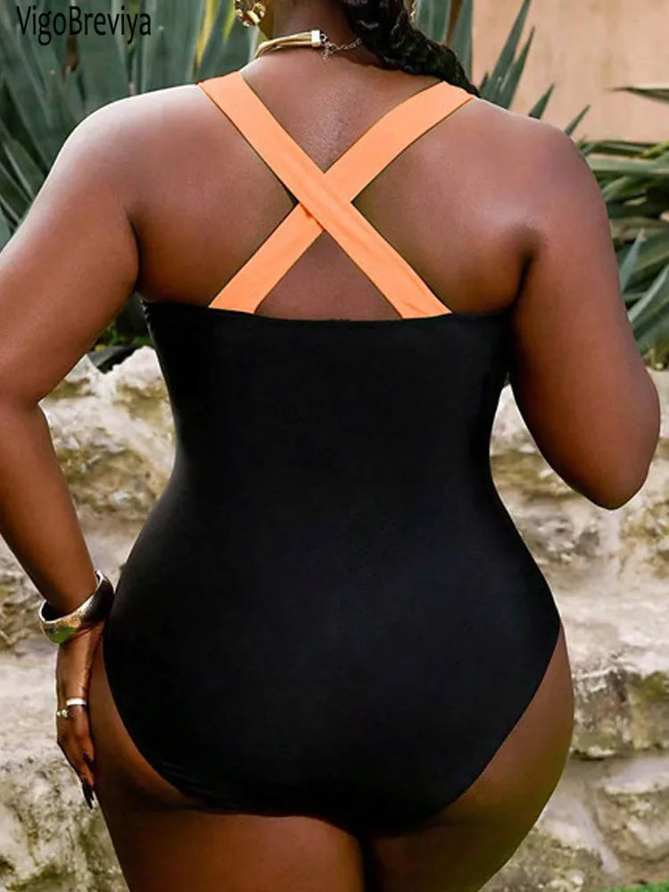 Solid Patchwork Plus Size Swimwear Women Strapped Curvy One Piece Swimsuit Lady Large Big Bathing Suit