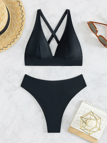Solid V Neck Push Up Bikini Set High Cut Straps Corss Swimsuit For Women Swimwear 2 Piece Backless Bathing Suit
