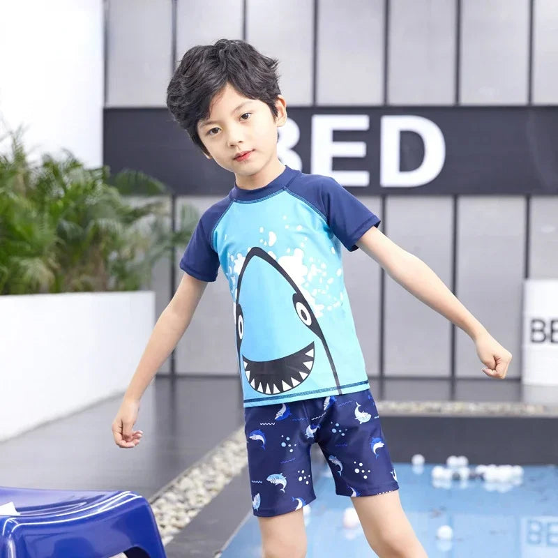 Children's Cartoon Shark Short Sleeve Split Swimwear with Swim Cap, Sun Protection Beach Wear, Baby Boys Swimsuit
