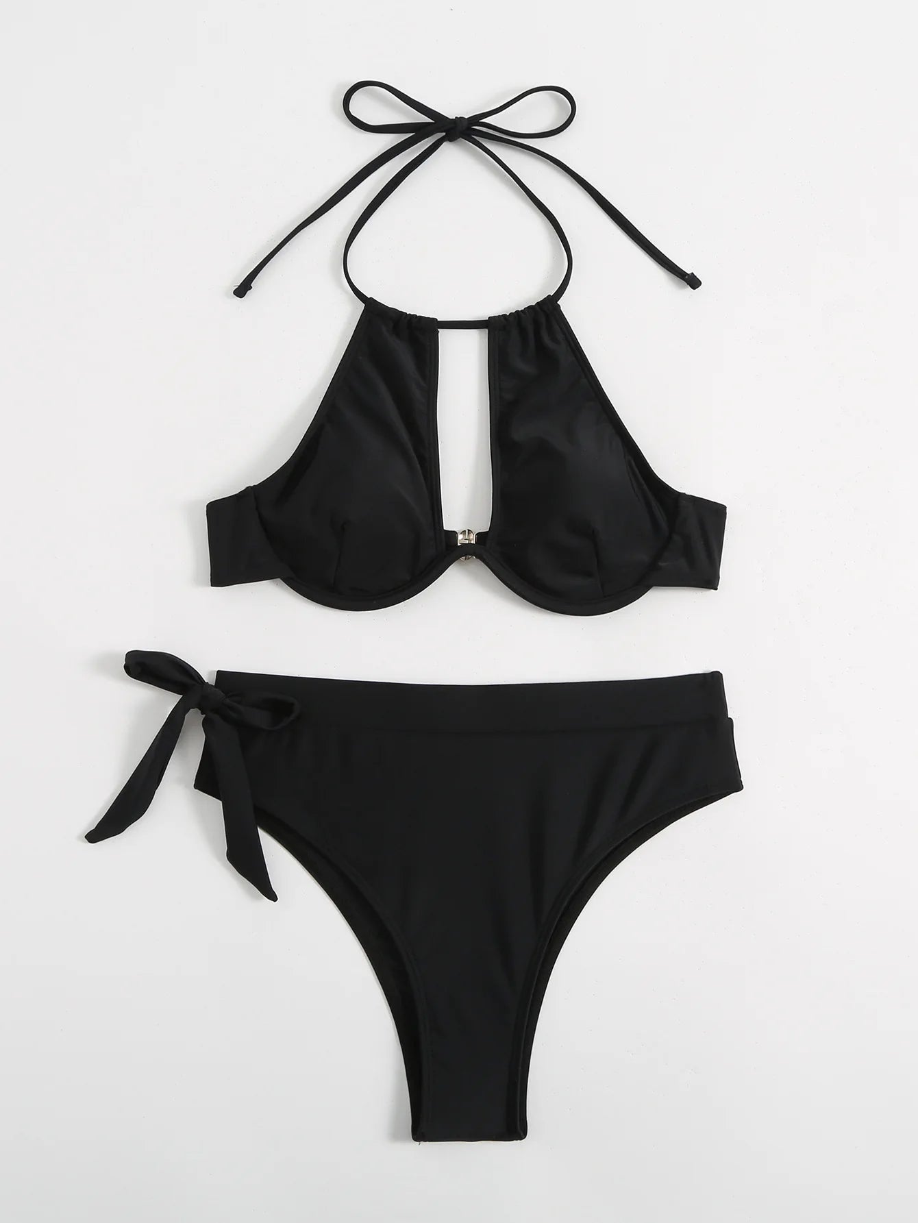 Solid Color Halter Swimwear Women Hollow Push UP Bikini Set High Waist Summer Swimsuit Backless Beach Bathing Suit