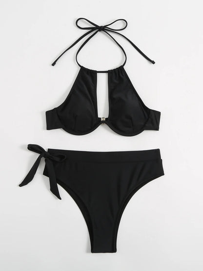 Solid Color Halter Swimwear Women Hollow Push UP Bikini Set High Waist Summer Swimsuit Backless Beach Bathing Suit