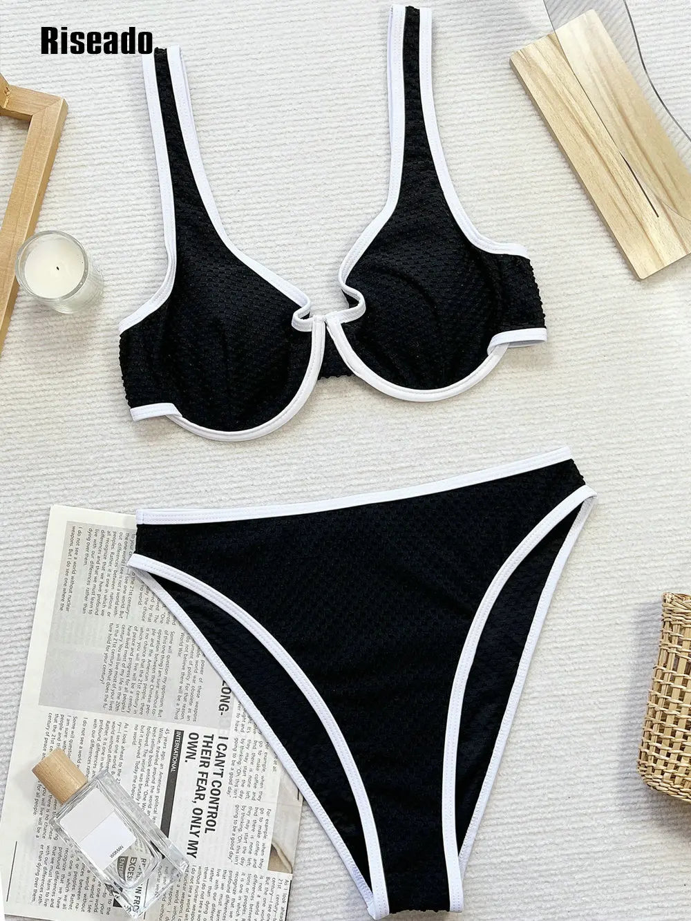 Textured High Cut Push Up Bikini Set with Lace Up Back Padded Two Piece High Waist Swimsuit Swimwear for Women
