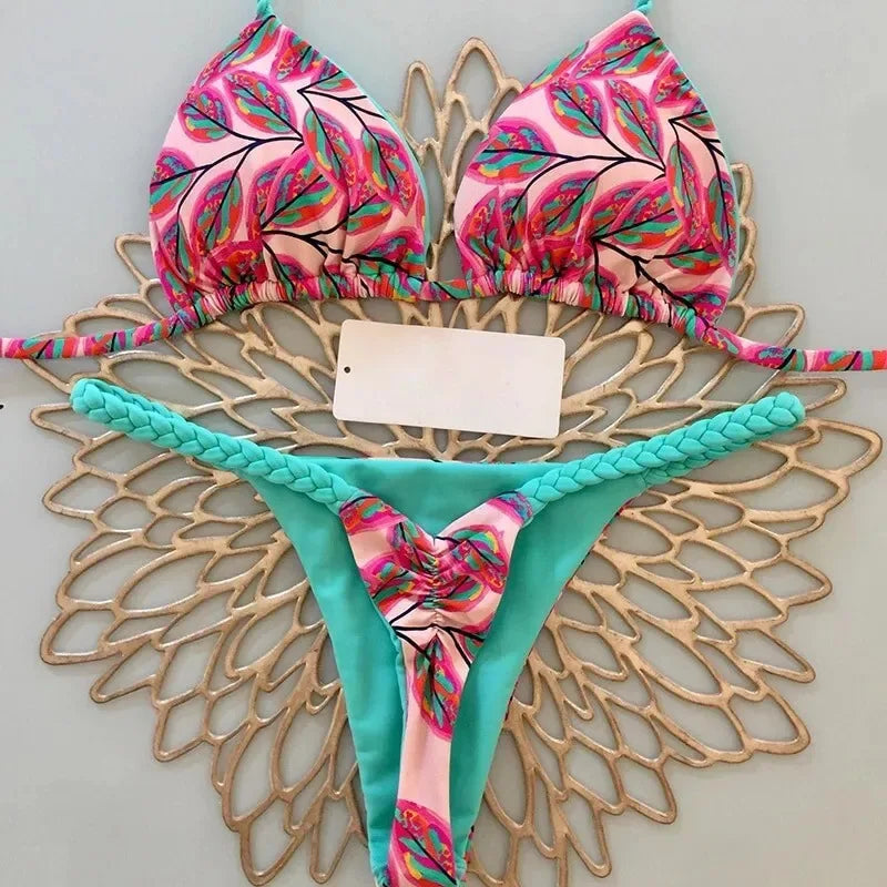 Bright Colorful Designs Women's Bikini Split Print Swimwear Fashion G-string Beach Holiday