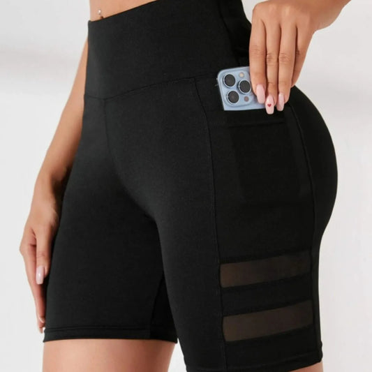 Yoga Pants, Pocket Shorts, Women's Casual Mesh Splicing Cycling Pants, High Waisted Fitness Pants, Sports Shorts