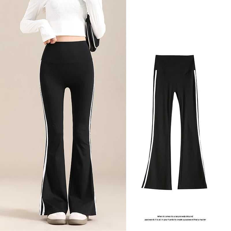 Sports White Stripe Micro Flared Leggings Women Tight Slim High Waist Horseshoe Pants Sexy Flared Trousers