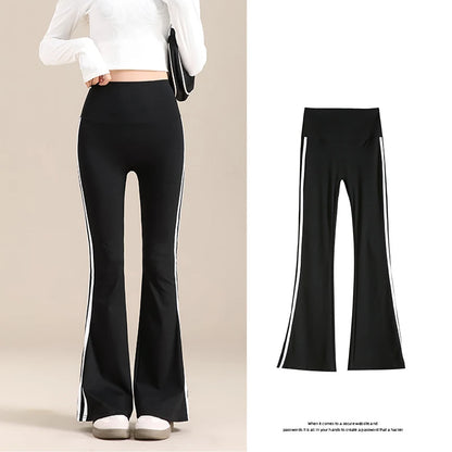 Sports White Stripe Micro Flared Leggings Women Tight Slim High Waist Horseshoe Pants Sexy Flared Trousers
