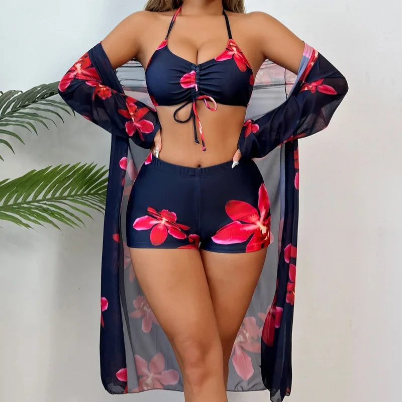 Bikini Bodysuit Swimwear Women With Kimono Bathing Suit Summer Splice Print Beachwear Holiday Bikini Cover Ups Outfits