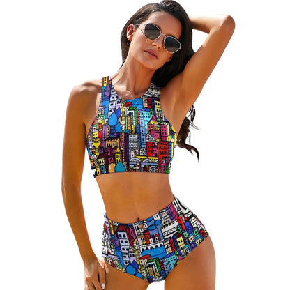 Abstract Graffiti Doodle Print Bikini Swimsuit High Waist Bikinis Set Women Modern Swimwear Push Up Custom Feminine Bikinis