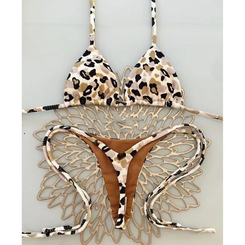 Swimwear Women Leopard Printed Bikini Set Striped Beachwear Summer Swimsuit Two-pieces Thong Bathing Suit Biquinis