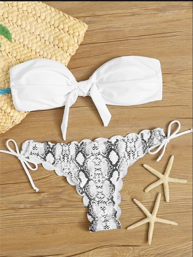 Beach Bikini Woman Front Lace Up Tie Bandeau Leopard Swimsuit Female Push Up Ruffled Bow Bathing Suit Thong Swimwear