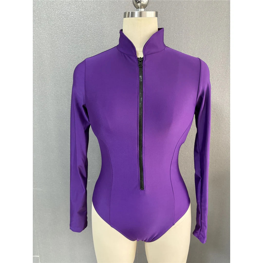 S - 2XL 4 Colors Long Sleeve With Zipper Surf Rash Guard One Piece Swimsuit Women Swimwear Female Bather Bathing Suit Swim