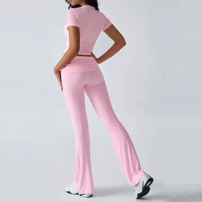 Foldable 2PCS Yoga Set Women Short Sleeve Crop Top Slim Fit High Waist Flare Leggings Fitness Suit Workout Gym Running Tracksuit