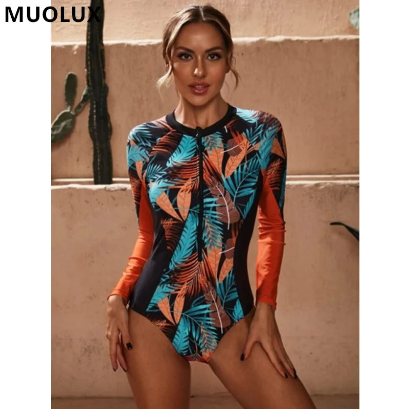 Rash Guard One Piece Swimwear Women Swimsuit  Floral Print Long Sleeves Rash Guard Surfing Monokini Bathing Suit Beach