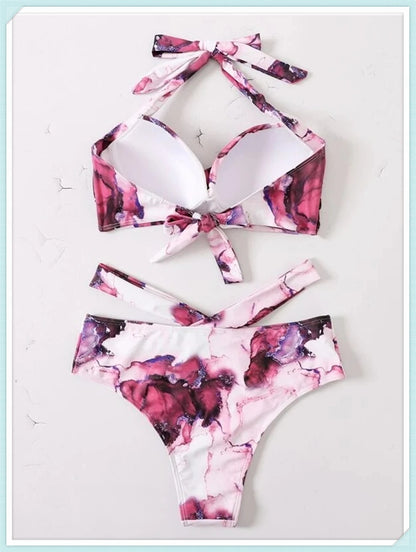 Halter High Waist Bikini Women Tie Dye Swimsuit Push Up Swimwear Female Printed Bathing Suit Lace Up Back Beachwear