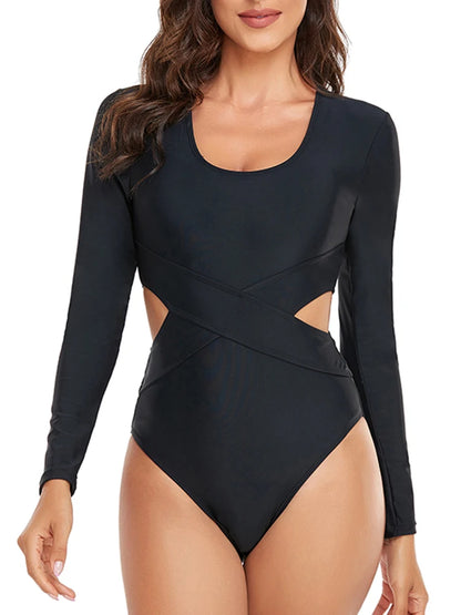 Black Surf Swimsuit One Piece Hollow Cut Long Sleeve Bathing Suit Women Swimwear Rash Guard Diving Clothes  XXL
