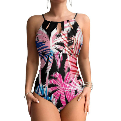 Neon Palm Trees Swimsuit Plant Print Swimwear One Piece Beach Swimsuits Sleeveless Bathing Suits Women Push Up Beach Wear