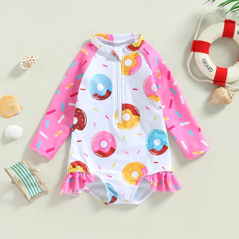 Kids Baby Girl Long Sleeve Swimsuits Ruffle Trim Donut Print Zipper Jumpsuit Swimwear Beachwear Bathing Suits 1-5T