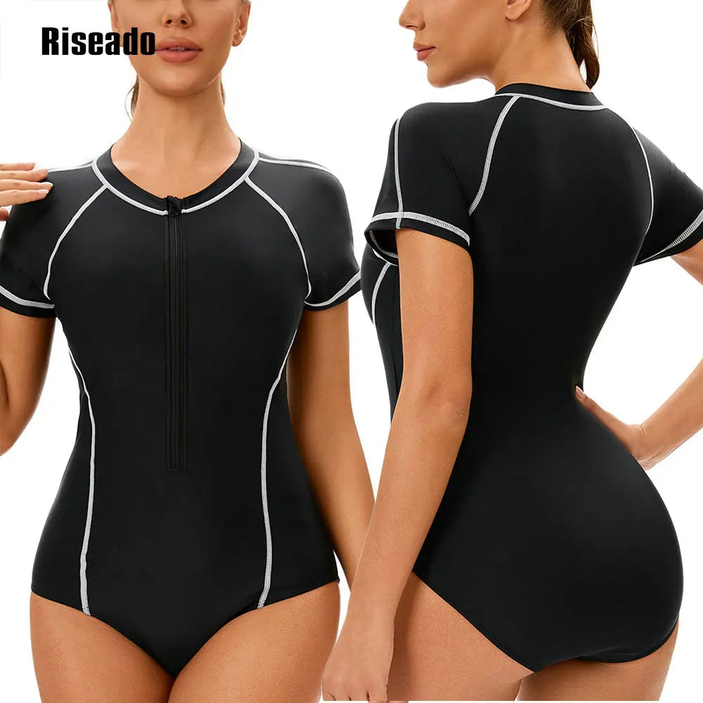 One Piece Swimsuit Mock Neck Zipper Short Sleeve Bathing Suit for Athletic beach clothes for lady
