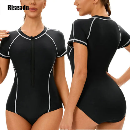 One Piece Swimsuit Mock Neck Zipper Short Sleeve Bathing Suit for Athletic beach clothes for lady