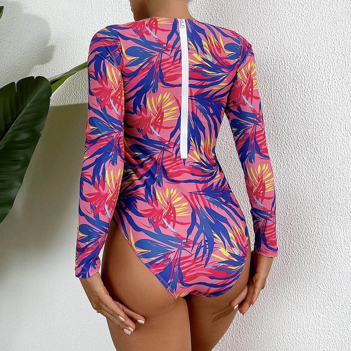 Floral One Piece Swimsuit Long Sleeve Zipper Swimwear Women Bathing Suit Beachwear Monokini Female Swim Surfing Suits