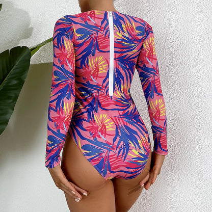 Floral One Piece Swimsuit Long Sleeve Zipper Swimwear Women Bathing Suit Beachwear Monokini Female Swim Surfing Suits
