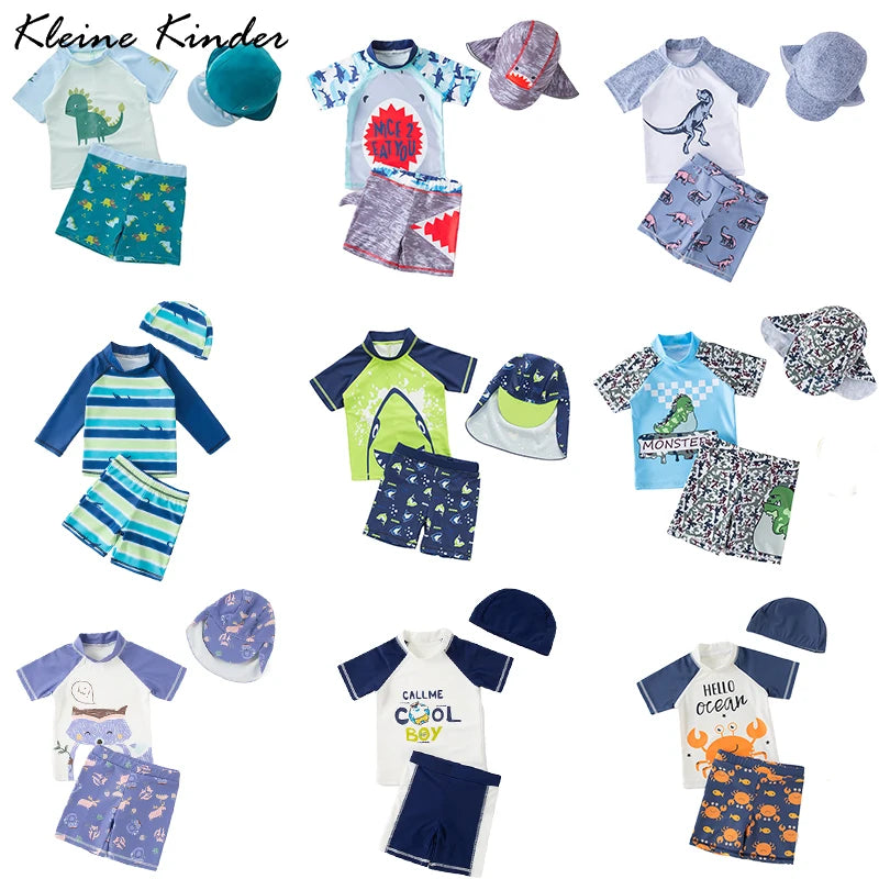 Boys' Cartoon Rash Guard Swim Set with Shorts & Hat