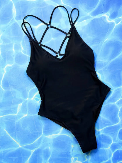 Solid Blue Backless Swimwear One Piece Swimsuit Women Back Cross String Bathers High Cut Bathing Suit