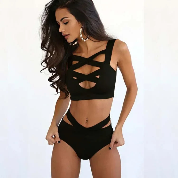 Women's Bikini Set Bandage Stretch Bodycon Swimwear Push-Up Padded Cross Up Swimsuit High Waist Bathing Suit Plain
