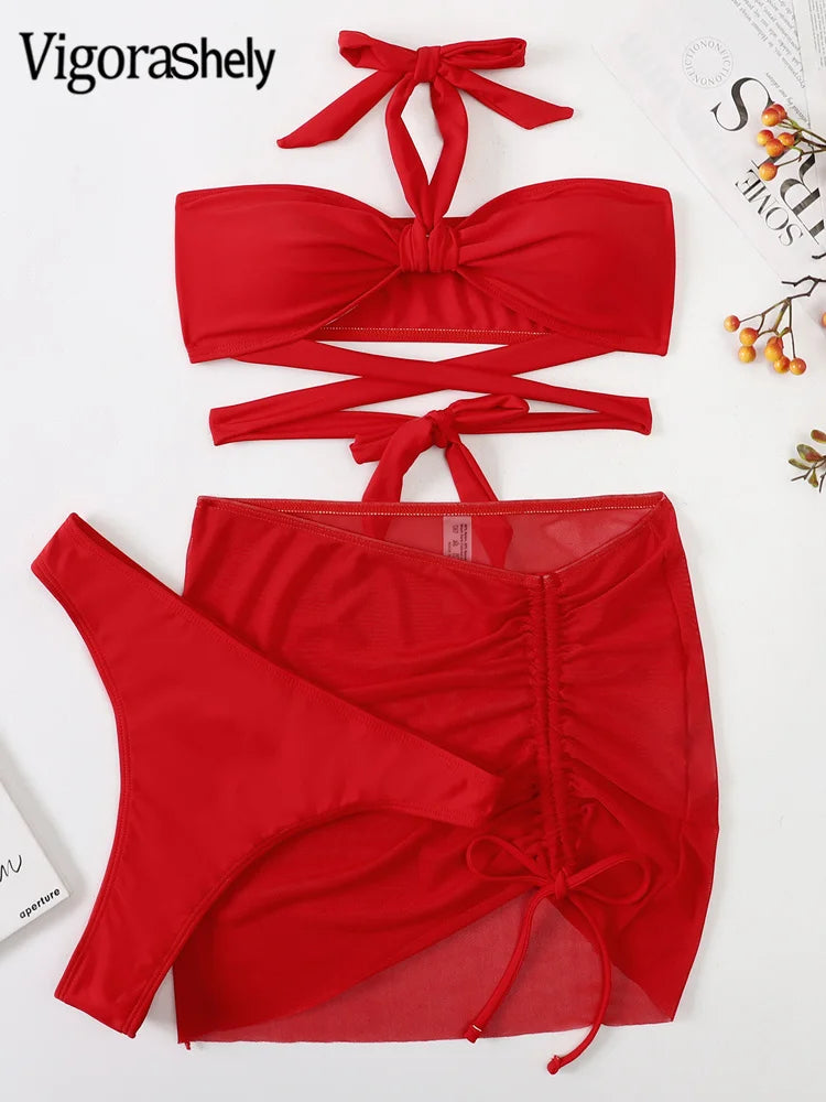 Solid 3PCS Skirt Bikini Set Sexy Women Swimsuit Cross Hollow Push Up Swimwear Beach Brazilian Bathing Suit