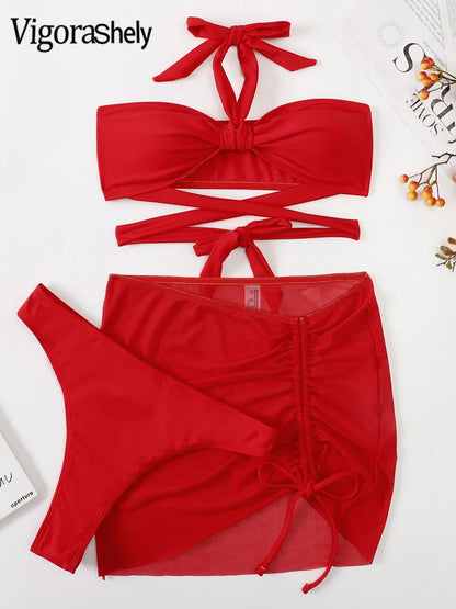 Solid 3PCS Skirt Bikini Set Sexy Women Swimsuit Cross Hollow Push Up Swimwear Beach Brazilian Bathing Suit