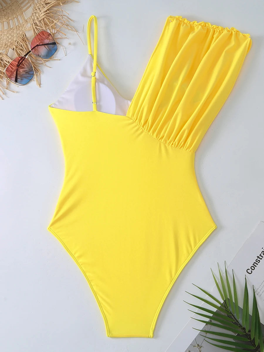 Solid Asymmetric Swimsuit Women One Piece Yellow Swimwear Female Beachwear Bathers Bathing Swimming Swim Suit