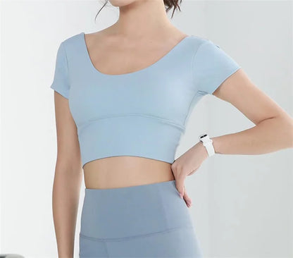 Built-in Cup Gym Crops U Neck Yoga Crop Top Grace Neck Line Bra Elastic Stretchy Fitness Crops Breathable Gym Top