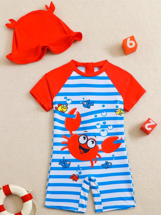 Striped Little Boys Swimsuit With Swimming Cap Printed Swimwear Female Children Bathers Bathing Swimming Swim Suit 4-7Y