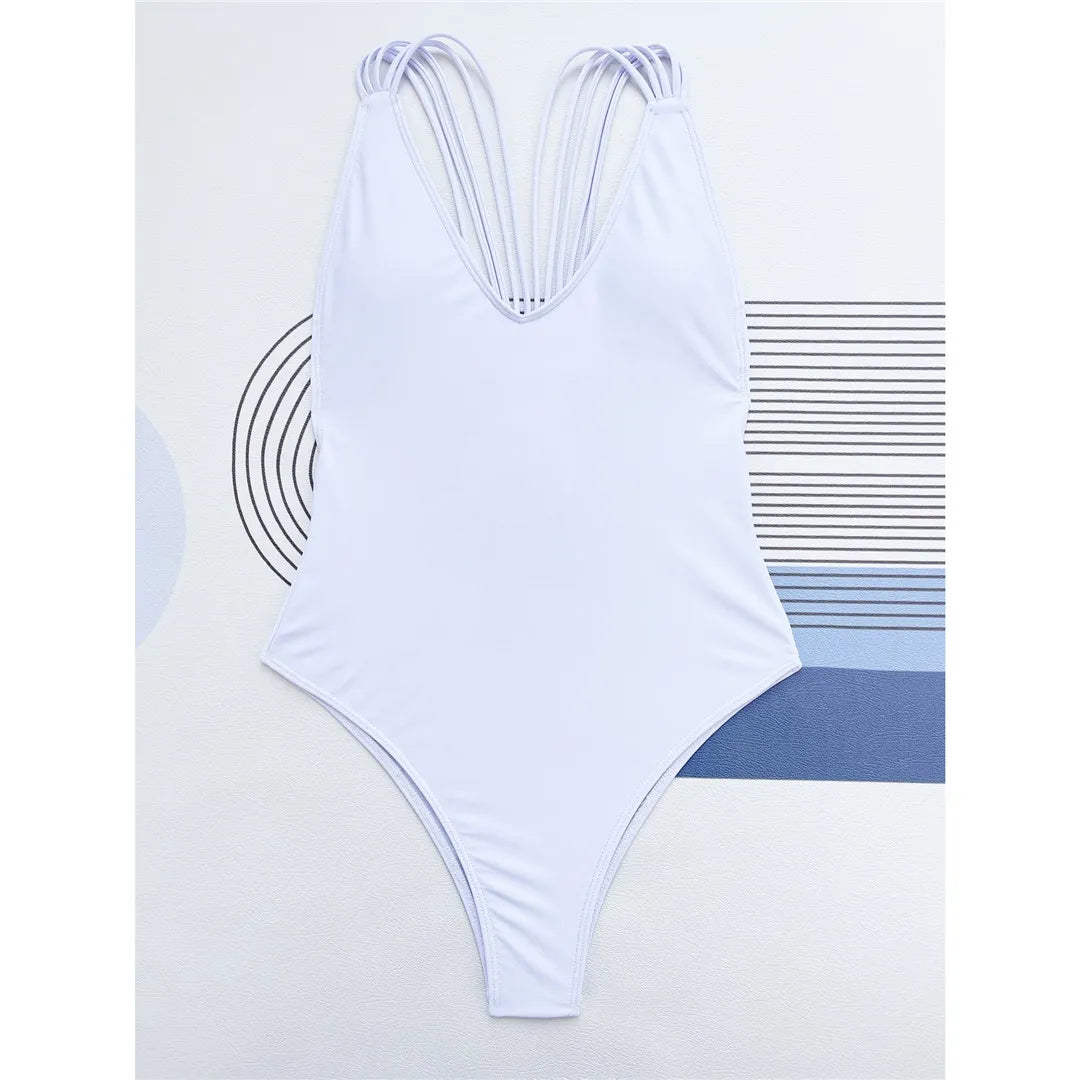 3 Colors V Neck Strappy High Leg Cut Backless Women Swimwear One Piece Swimsuit Female Bather Bathing Suit Swim Lady
