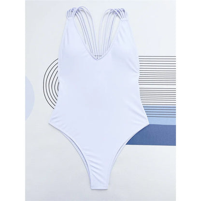 3 Colors V Neck Strappy High Leg Cut Backless Women Swimwear One Piece Swimsuit Female Bather Bathing Suit Swim Lady