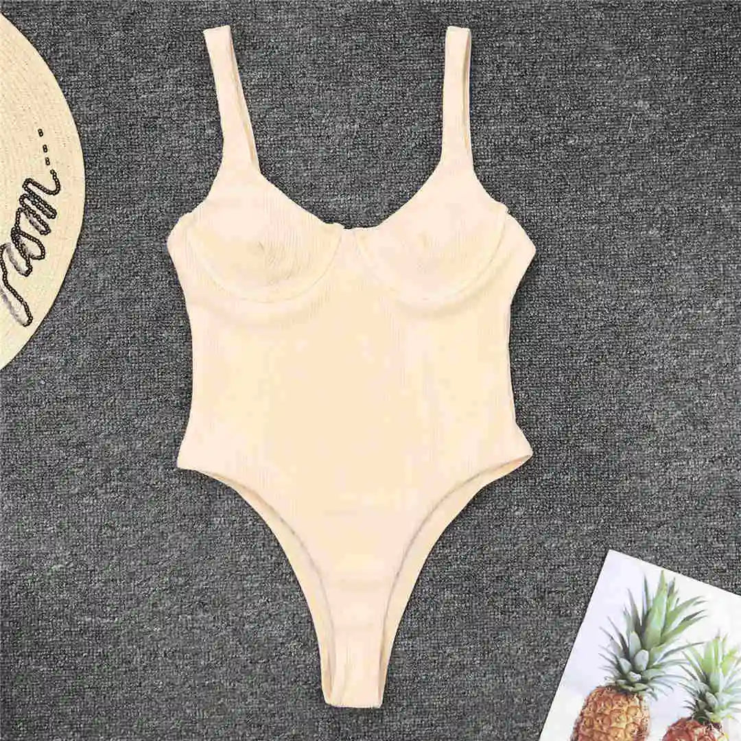 S - XL High Cut Women Swimwear Ribbed Underwired One Piece Swimsuit Female Bather Bathing Suit Swim Lady Bodysuit