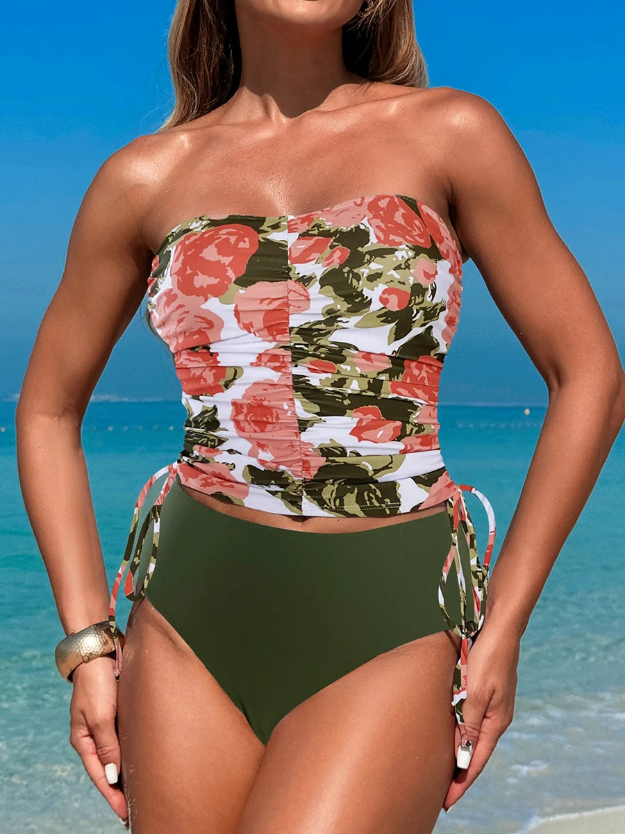 Halter Tankini Two Pieces High Waist Swimsuit Women Drawstring Swimwear Female Bathers Bathing Swimming Swim Suit Beachwear